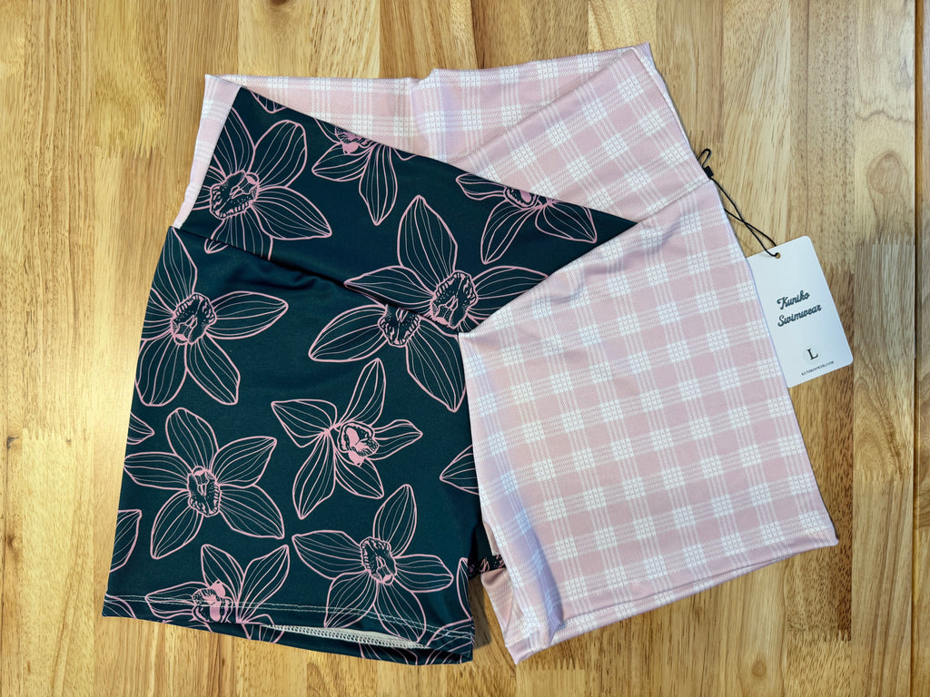 Kapakahi Shorts- Teal Orchids & Light Pink Palaka