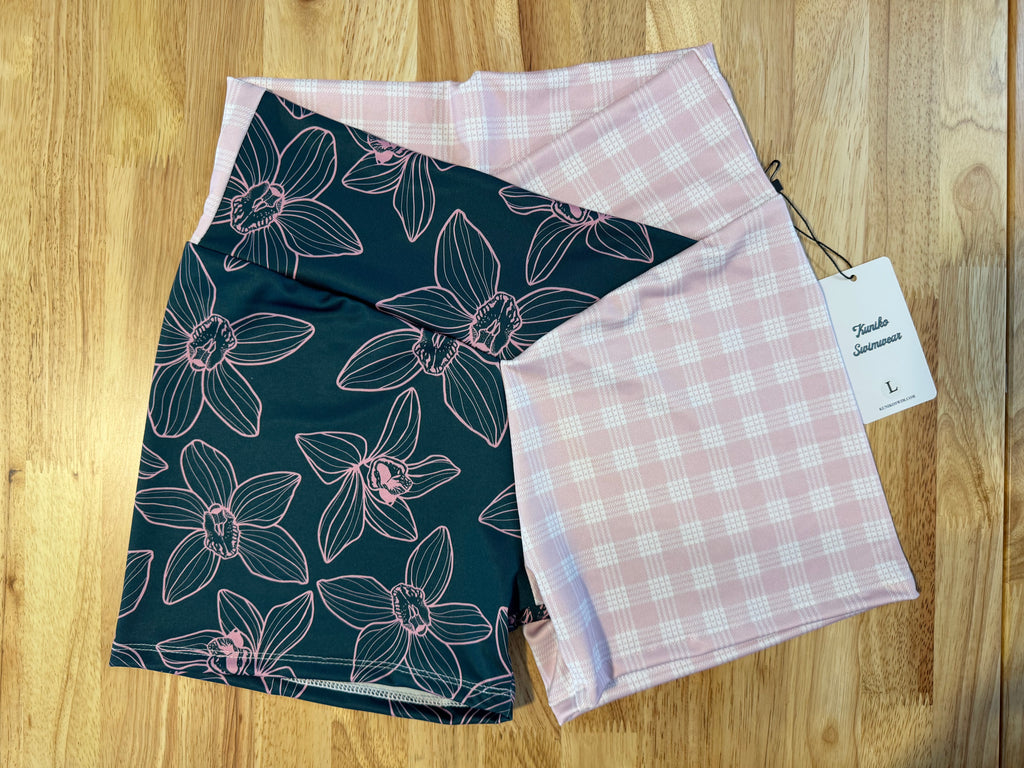 Kapakahi Shorts- Teal Orchids & Light Pink Palaka