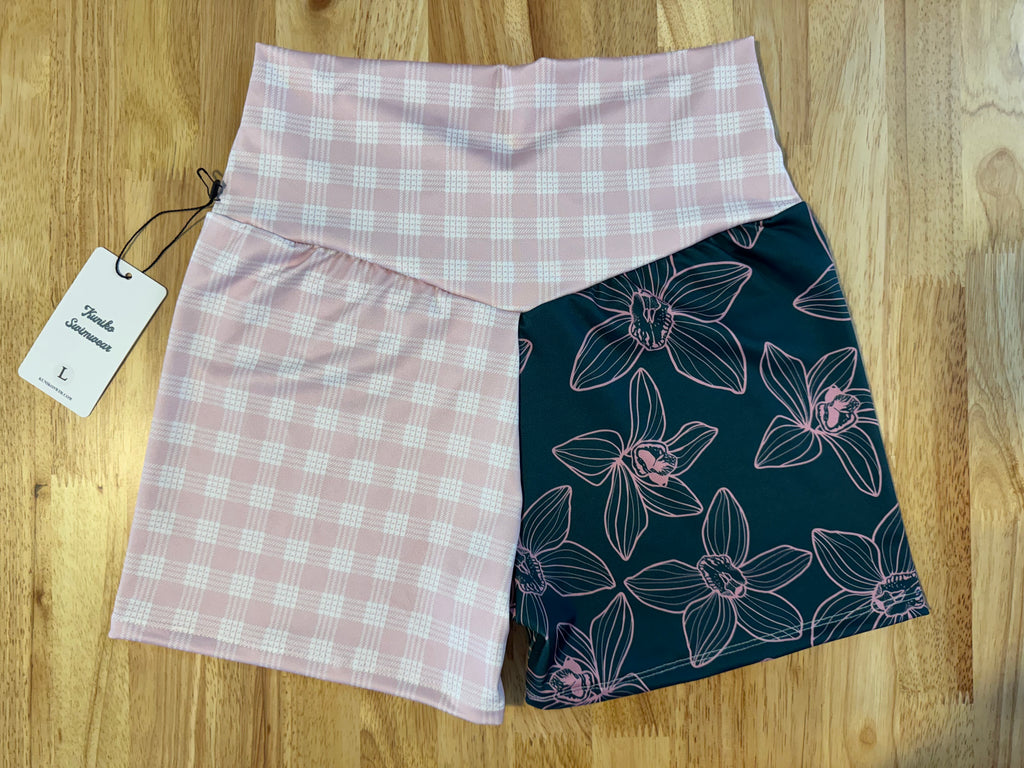 Kapakahi Shorts- Teal Orchids & Light Pink Palaka